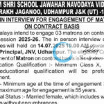 PM SHRI SCHOOL JNV UDHAMPUR MATRONS WALK IN INTERVIEW 2025