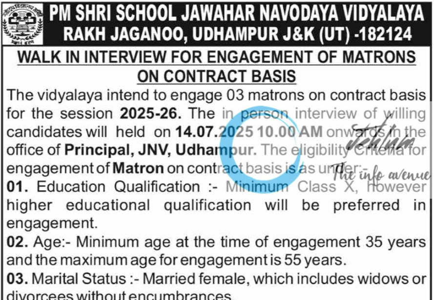 PM SHRI SCHOOL JNV UDHAMPUR MATRONS WALK IN INTERVIEW 2025