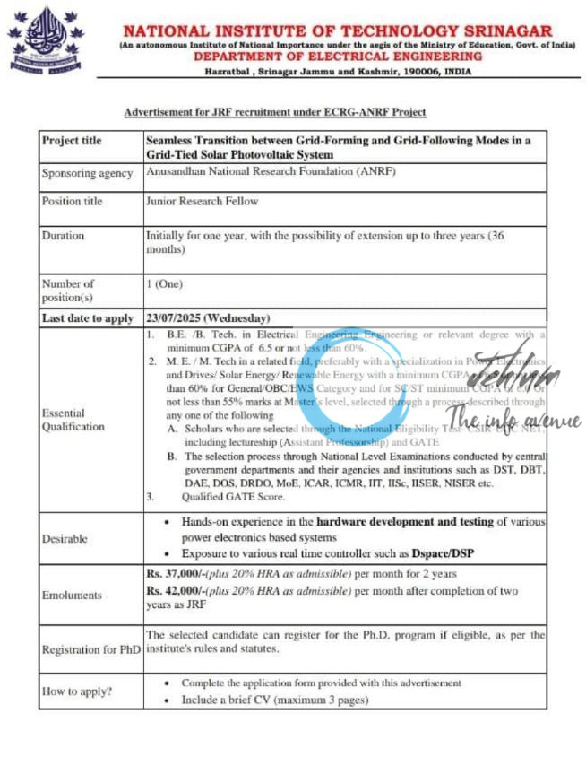 NIT SRINAGAR DEPARTMENT OF ELECTRICAL ENGINEERING JRF RECRUITMENT ADVT NOTIFICATION 2025