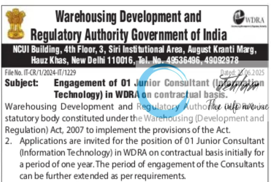 WAREHOUSING DEVELOPMENT AND REGULATORY AUTHORITY WDRA JUNIOR COUNSULTANT RECRUITMENT ADVT NOTIFICATION NO IT-CR/1/2024-IT/1229