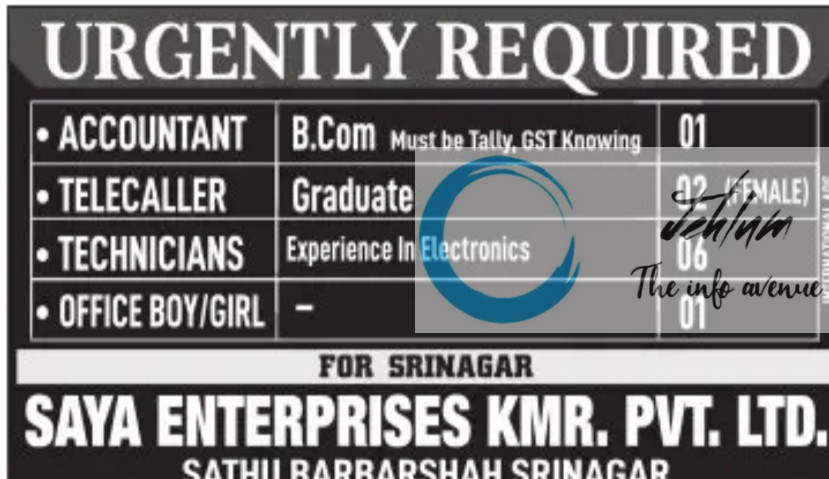 SAYA ENTERPRISES KMR PVT LTD SRINAGAR JOBS OPENING 2025