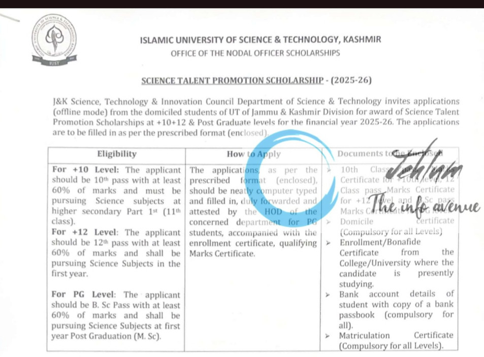 IUST AWANTIPORA SCIENCE TALENT PROMOTION SCHOLARSHIP ADVT NOTIFICATION NO IUST/Scholarships/25/116