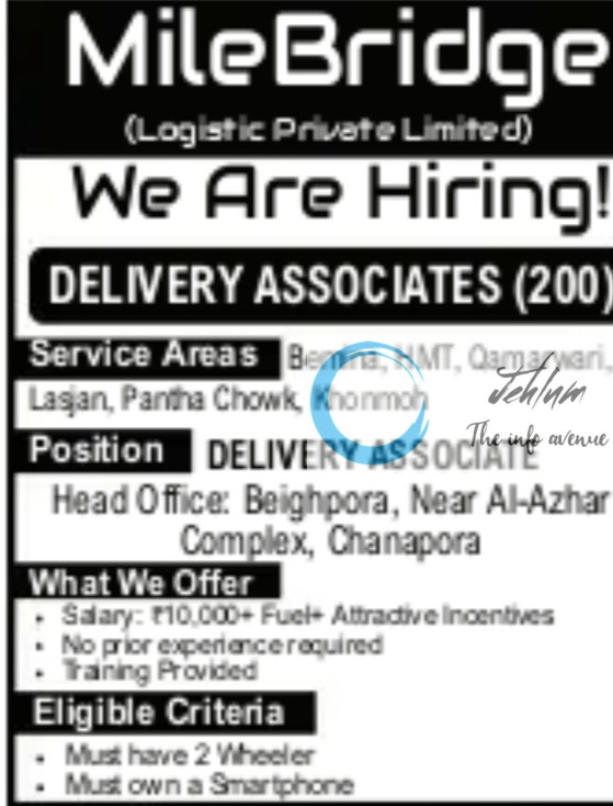 MILE BRIDGE LOGISTIC PRIVATE LIMITED SRINAGAR DELIVERY ASSOCIATE JOBS OPENING 2025