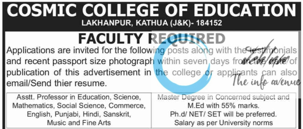 COSMIC COLLEGE OF EDUCATION JAMMU AP RECRUITMENT ADVT NOTIFICATION 2025