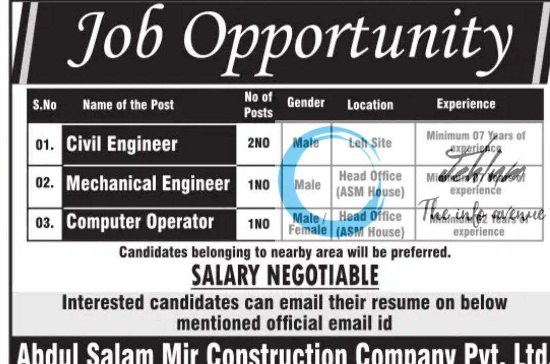 ABDUL SALAM MIR CONSTRUCTION COMPANY PVT LTD LEH ENGINEER JOBS OPENING 2025