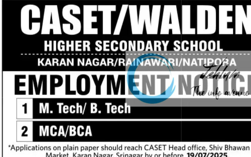 CASET/WALDEN HIGHER SECONDARY SCHOOL SRINAGAR JOBS OPENING 2025