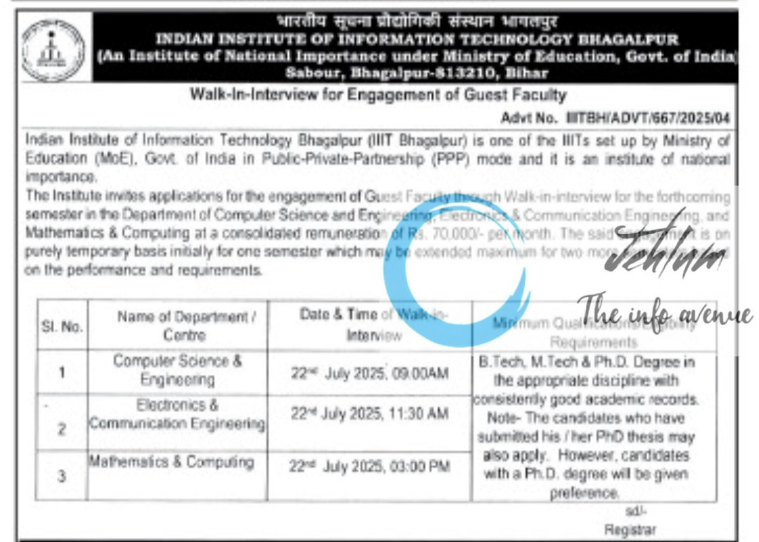 INDIAN INSTITUTE OF INFORMATION TECHNOLOGY BHAGALPUR FACULTY RECRUITMENT ADVT NOTIFICATION NO TBH/ADVT/667/2025/04