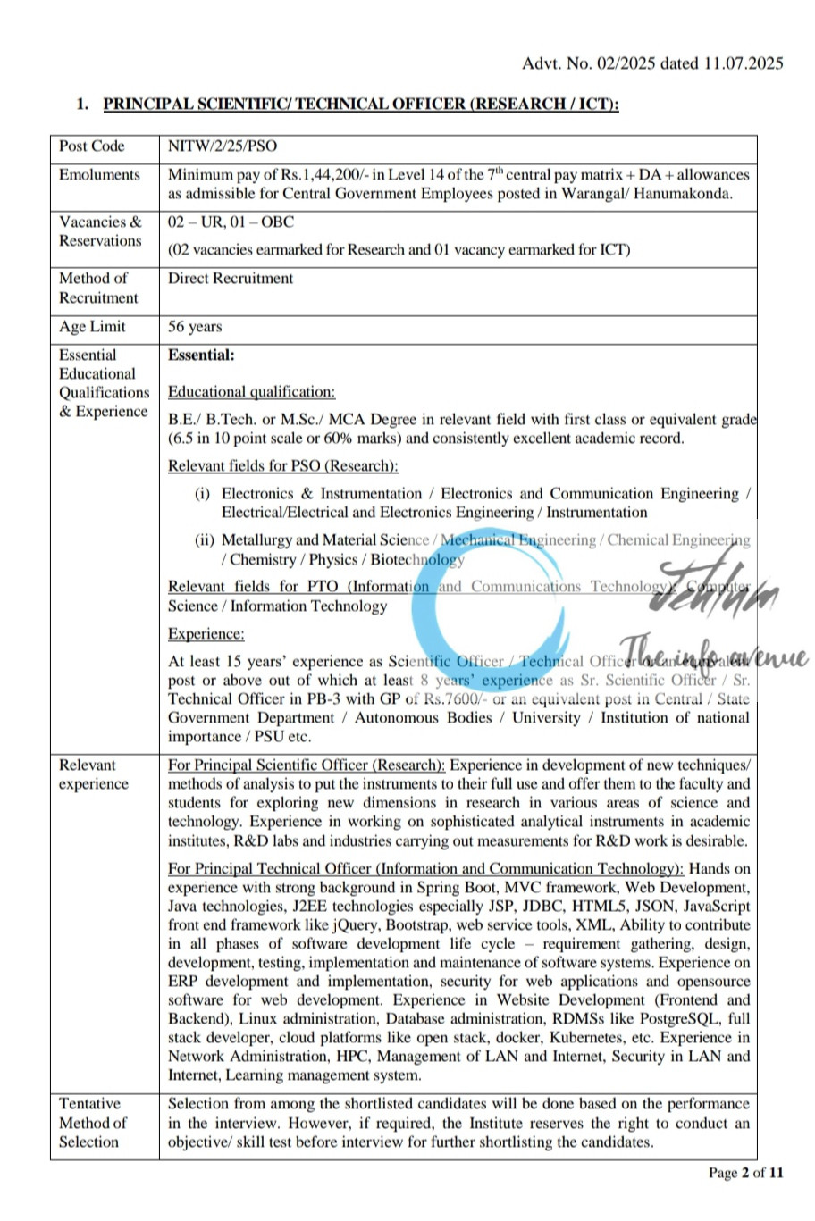 NATIONAL INSTITUTE OF TECHNOLOGY NIT WARANGAL RECRUITMENT ADVT NOTIFICATION NO 02/2025