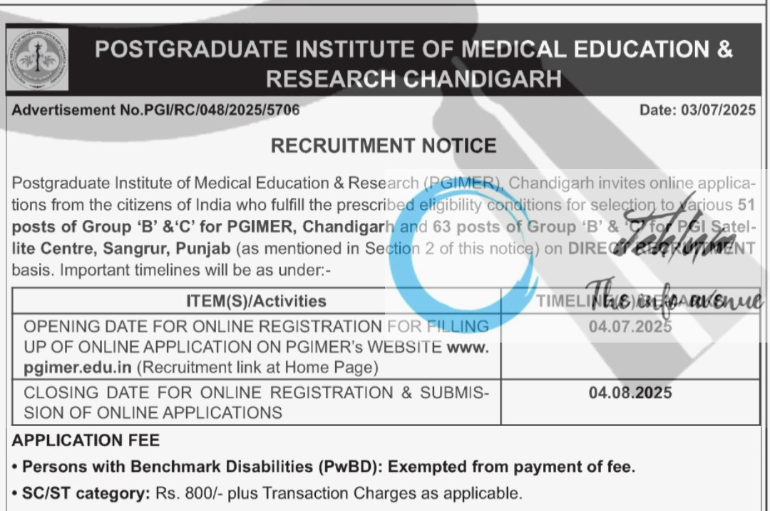 PGIMER CHANDIGARH RECRUITMENT NOTICE ADVERTISEMENT NO PGI/RC/048/2025/5706
