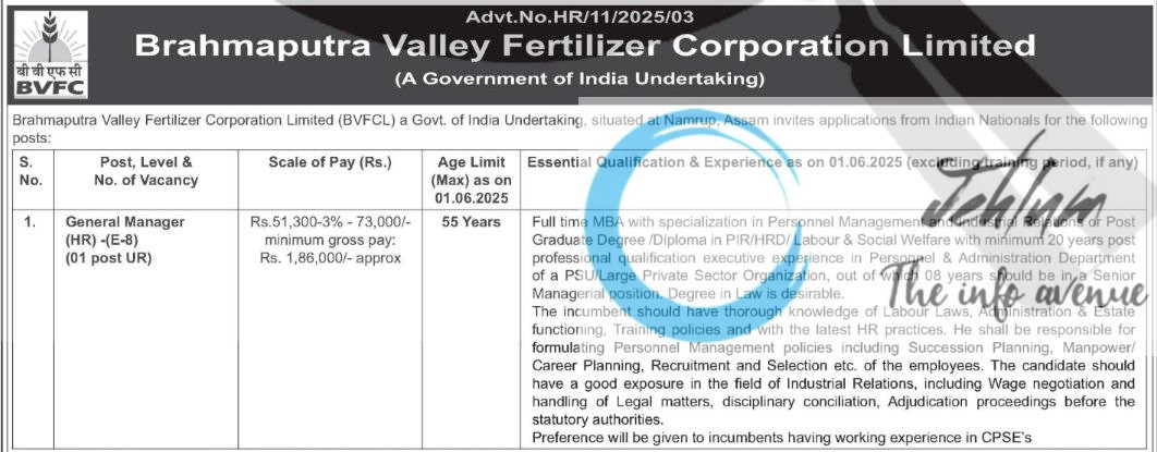 BRAHMAPUTRA VALLEY FERTILIZER CORPORATION LIMITED BVFCL RECRUITMENT ADVT NOTIFICATION NO HR/11/2025/03