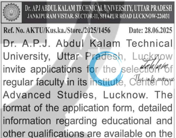 DR APJ ABDUL KALAM TECHNICAL UNIVERSITY UTTAR PRADESH FACULTY RECRUITMENT ADVT NOTIFICATION NO AKTU/Kus-ka/Store/2025/1456