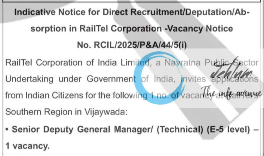 RAILTEL CORPORATION OF INDIA LIMITED SENIOR DEPUTY GENERAL MANAGER RECRUITMENT ADVT NOTIFICATION NO RCIL/2025/P&A/44/5-i