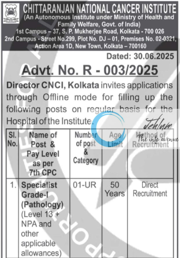 CHITTARANJAN NATIONAL CANCER INSTITUTE PATHOLOGY SPECIALIST RECRUITMENT ADVT NOTIFICATION NO R-003/2025 2 CHITTARANJAN NATIONAL CANCER INSTITUTE PATHOLOGY SPECIALIST RECRUITMENT ADVT NOTIFICATION NO R-003/2025