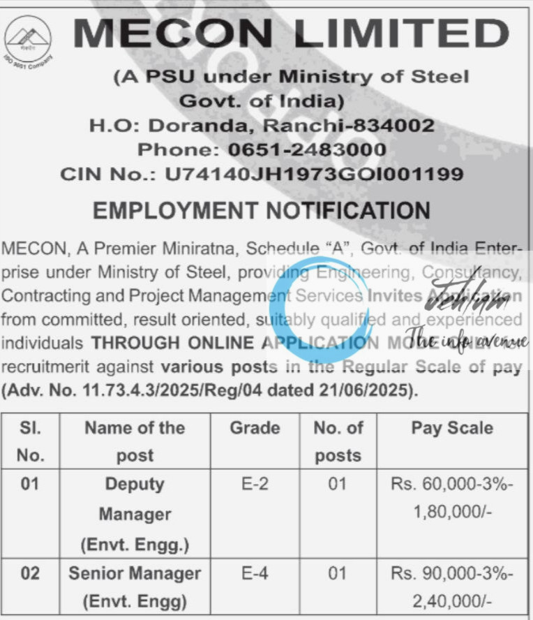 MECON LIMITED RECRUITMENT ADVT NOTIFICATION NO 11/73/l4/3/2025/Reg/04