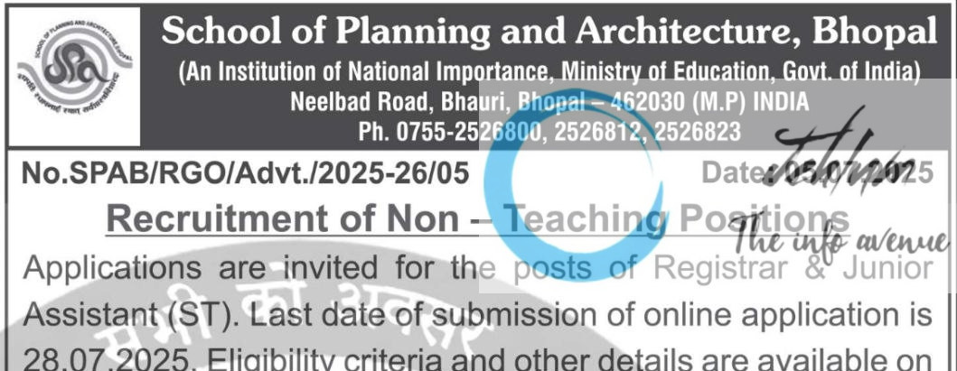 SCHOOL OF PLANNING AND ARCHITECTURE BHOPAL RECRUITMENT ADVT NOTIFICATION NO SPAB/RGO/Advt/2025-26/05