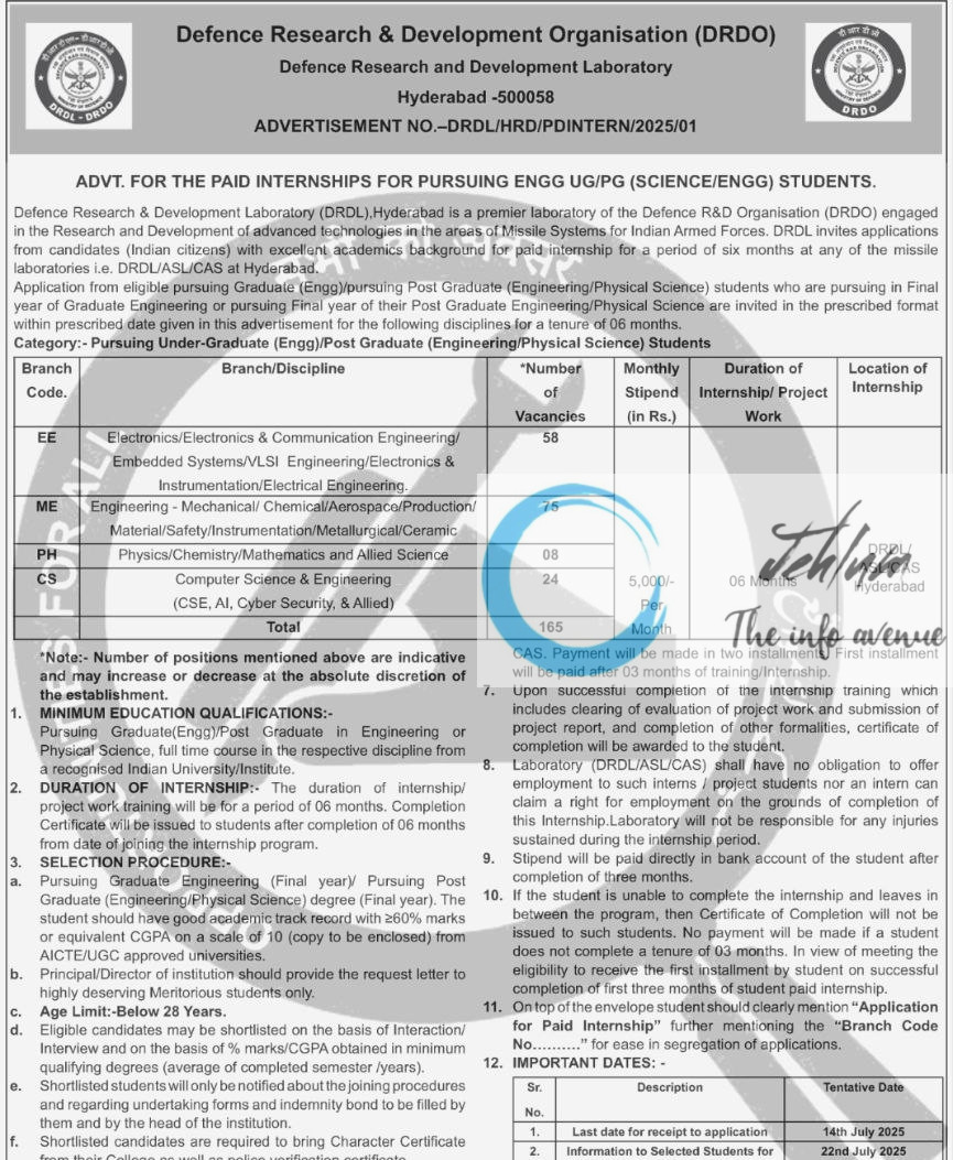 DEFENCE RESEARCH AND DEVELOPMENT ORGANISATION DRDO PAID INTERNSHIPS FOR PURSUING ENGG UG/PG ADVT NOTIFICATION DRDL/HRD/PDINTERN/2025/01 NO