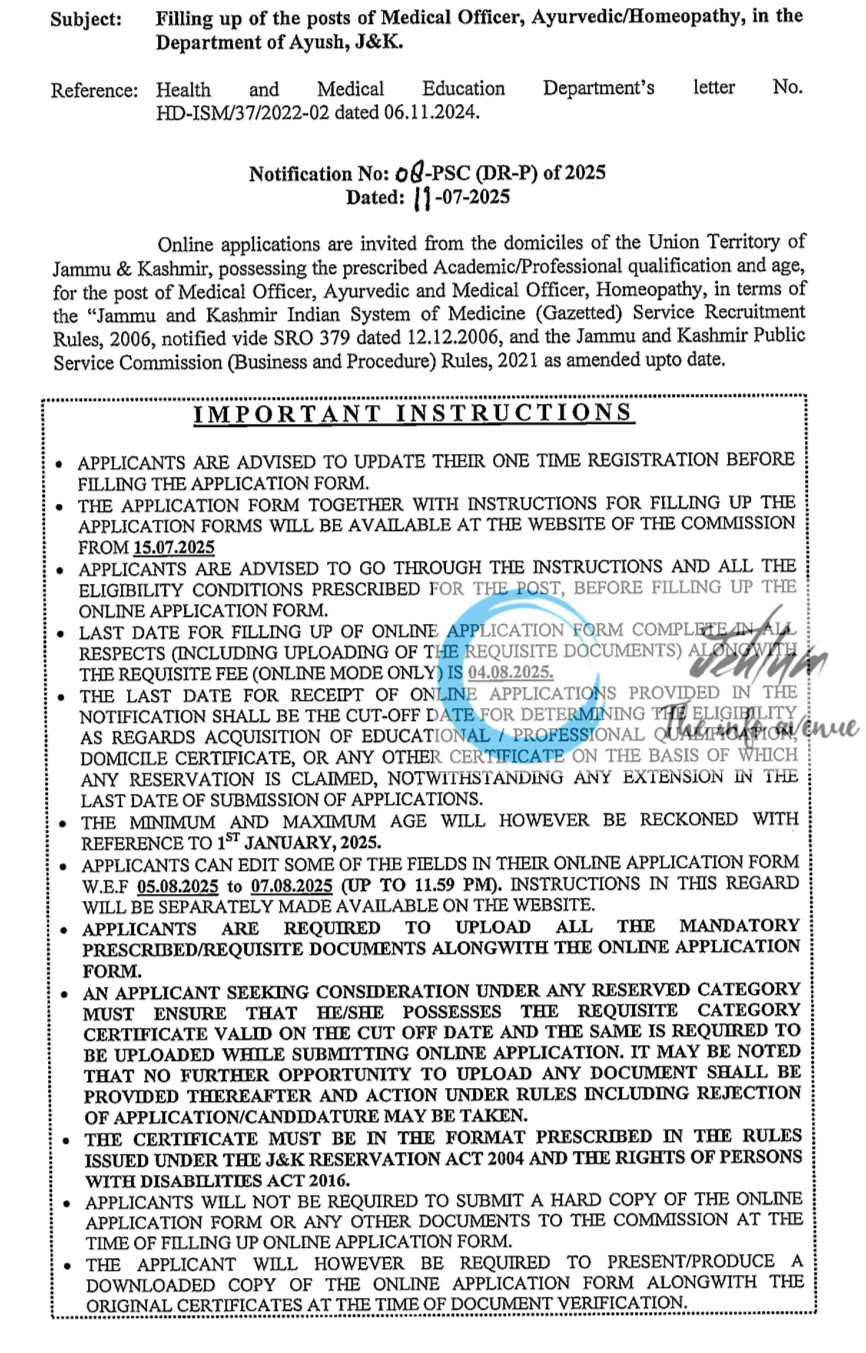 JKPSC DEPARTMENT OF AYUSH MEDICAL OFFICER RECRUITMENT ADVT NOTIFICATION NO 06-PSC-DR-P-of 2025