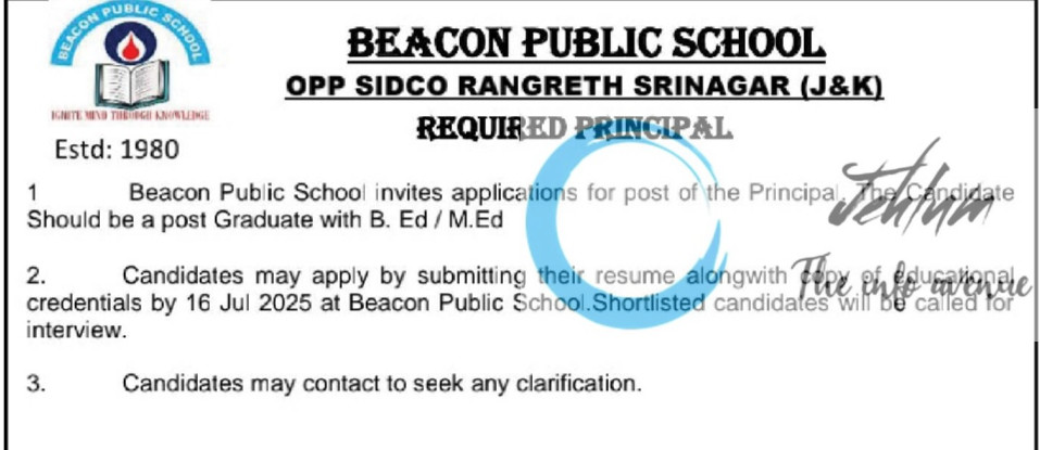 BEACON PUBLIC SCHOOL SRINAGAR PRINCIPAL JOBS OPENING 2025