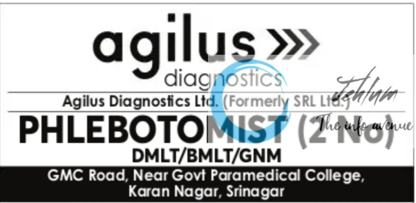 AGILUS DIAGNOSTICS LTD SRINAGAR PHLEBOTOMIST JOBS OPENING 2025