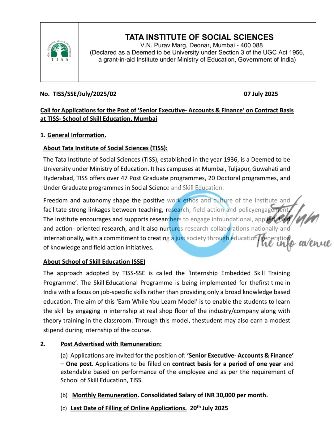 TATA INSTITUTE OF SOCIAL SCIENCES SENIOR EXECUTIVE ACCOUNTS AND FINANCE RECRUITMENT ADVT NOTIFICATION NO TISS/SSE/July/2025/02