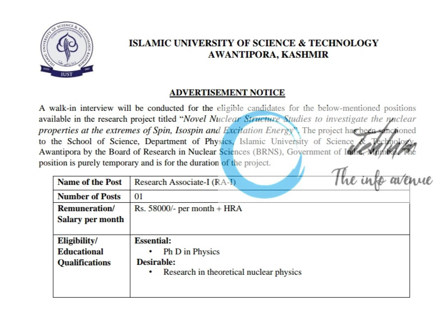 IUST AWANTIPORA DEPARTMENT OF PHYSICS RESEARCH ASSOCIATE RECRUITMENT ADVT NOTIFICATION NO IUST/DOP/BRNS_RA/25/01