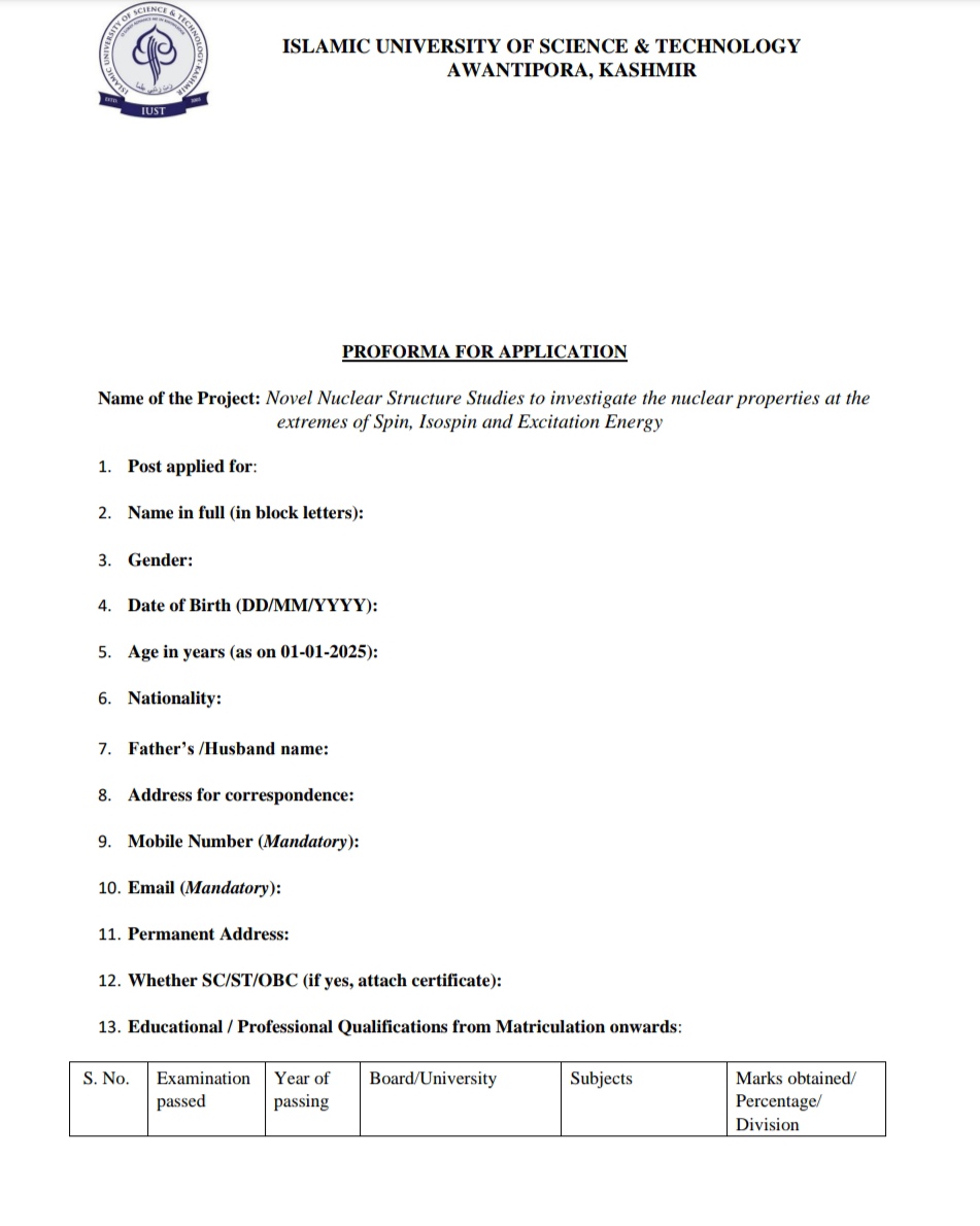 IUST AWANTIPORA DEPARTMENT OF PHYSICS RESEARCH ASSOCIATE RECRUITMENT ADVT NOTIFICATION NO IUST/DOP/BRNS_RA/25/01