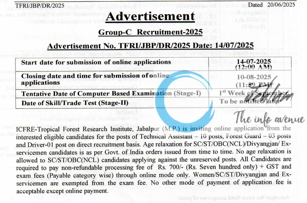 ICFRE TROPICAL FOREST RESEARCH INSTITUTE GROUP C RECRUITMENT ADVT NOTIFICATION NO TFRI/JBP/DR/2025