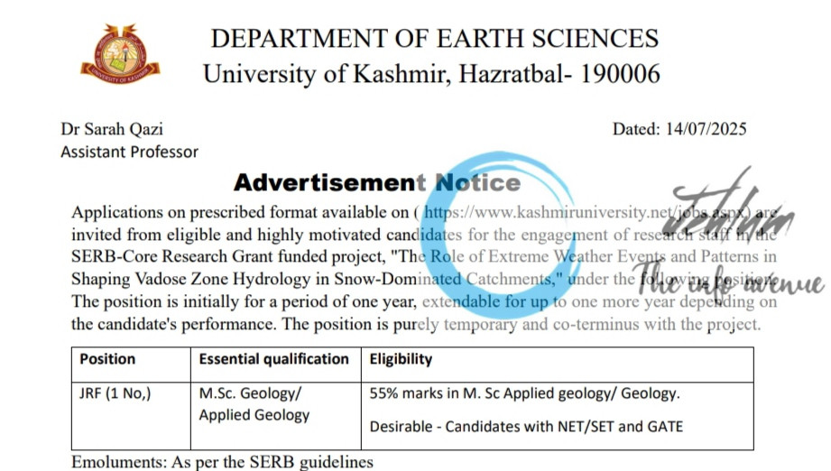 KU DEPARTMENT OF EARTH SCIENCES AP RECRUITMENT ADVT NOTIFICATION 2025
