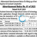 SHER E KASHMIR UNIVERSITY OF AGRICULTURAL SCIENCES AND TECHNOLOGY SKUAST KASHMIR RECRUITMENT ADVT NOTIFICATION NO 01 of 2025