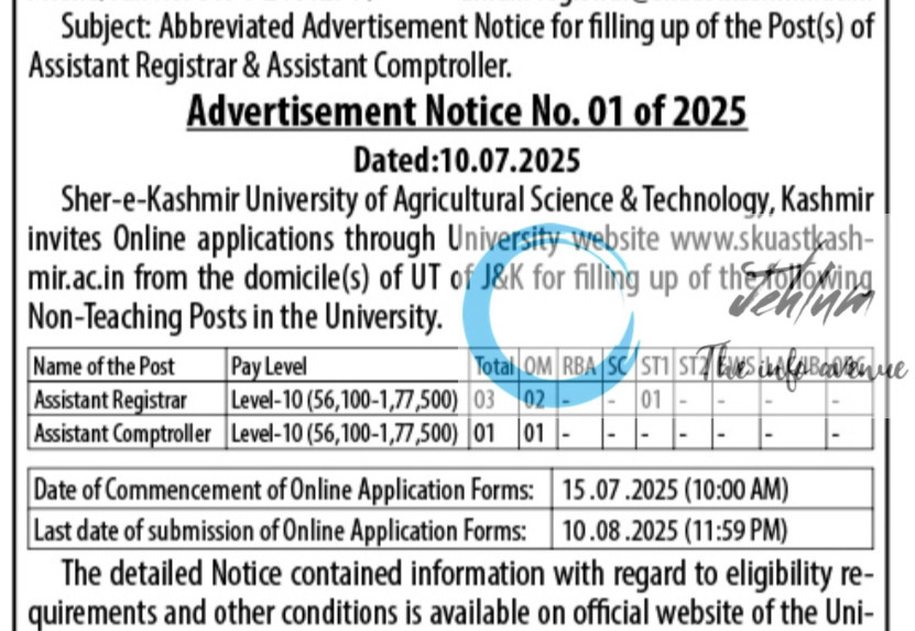 SHER E KASHMIR UNIVERSITY OF AGRICULTURAL SCIENCES AND TECHNOLOGY SKUAST KASHMIR RECRUITMENT ADVT NOTIFICATION NO 01 of 2025