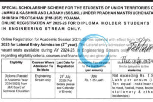 AICTE SPECIAL SCHOLARSHIP SCHEME FOR THE STUDENTS OF UNION TERRITORIES OF JAMMU AND KASHMIR AND LADAKH ADVT NOTIFICATION NO SAG Bureau/SSSJKL/AICTE/07/01/2025