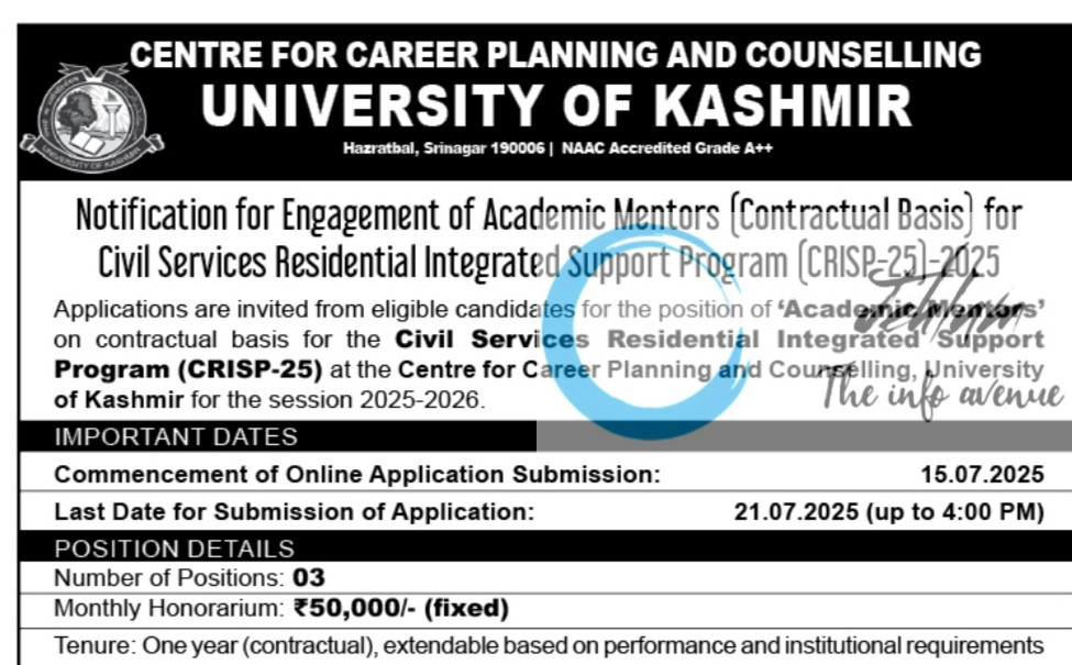 KASHMIR UNIVERSITY KU CENTRE FOR CAREER PLANNING AND COUNSELLING FACULTY RECRUITMENT ADVT NOTIFICATION NO CCPC/KU/A-M/CRISP-25/2025