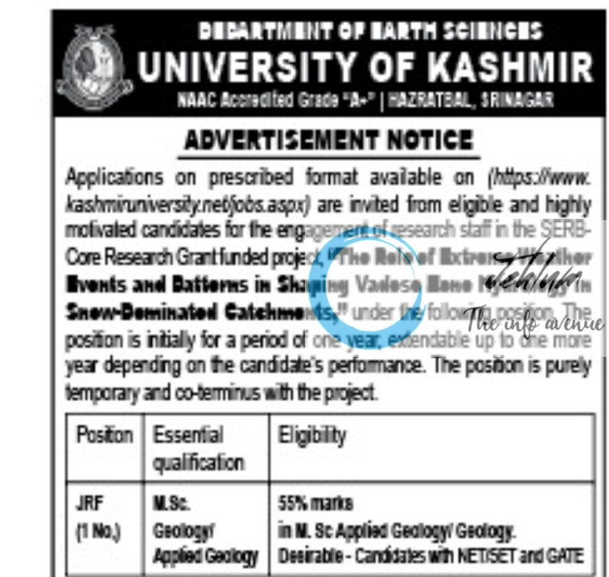 KASHMIR UNIVERSITY KU DEPARTMENT OF EARTH SCIENCES RESEARCH STAFF RECRUITMENT ADVT NOTIFICATION 2025
