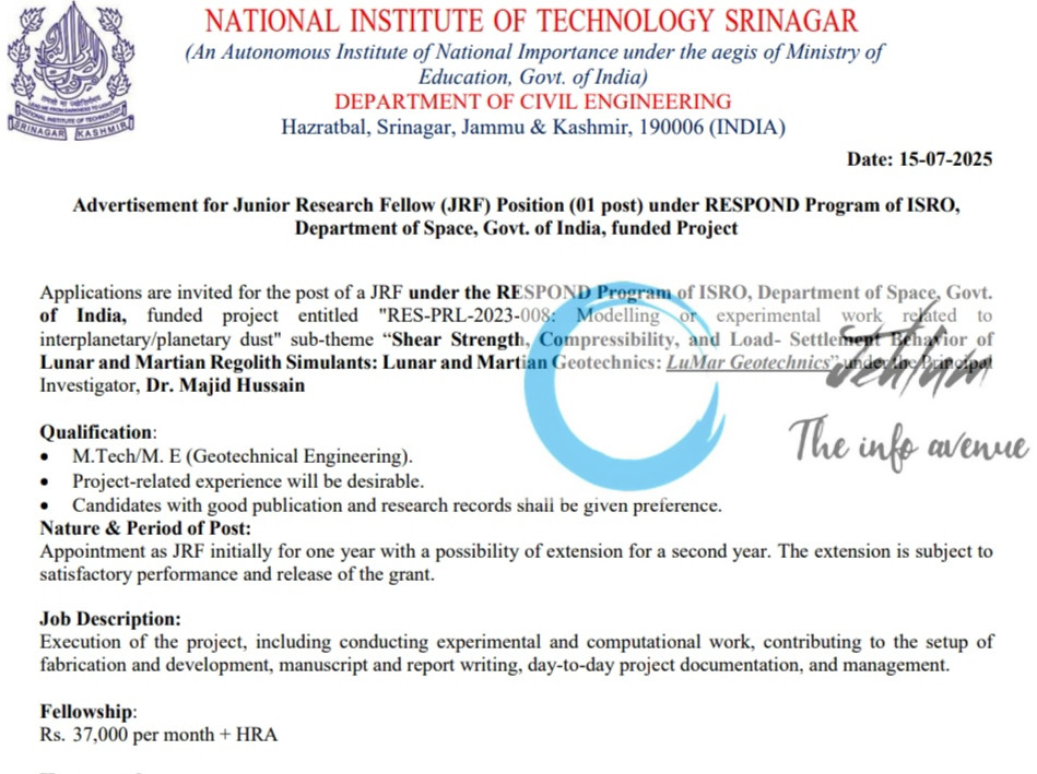 NIT SRINAGAR DEPARTMENT OF CIVIL ENGINEERING JRF RECRUITMENT ADVT NOTIFICATION 2025