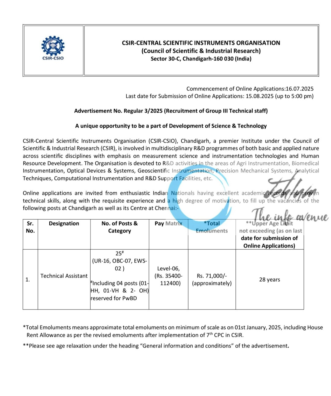 CSIR CENTRAL SCIENTIFIC INSTRUMENTS ORGANISATION CSIO GROUP III TECHNICAL STAFF RECRUITMENT ADVT NOTIFICATION NO 3/2025