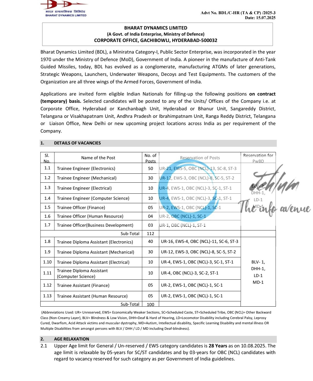 BHARAT DYNAMICS LIMITED BDL RECRUITMENT ADVT NOTIFICATION NO BDL/C-HR/TA & CP/2025-3