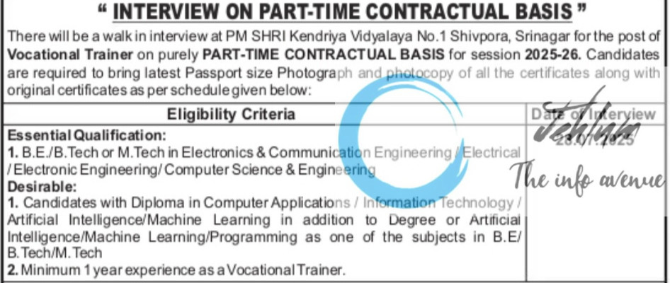 PM SHRI KENDRIYA VIDYALAYA NO 1 SRINAGAR PART TIME CONTRACTUAL RECRUITMENT ADVT NOTIFICATION 2025