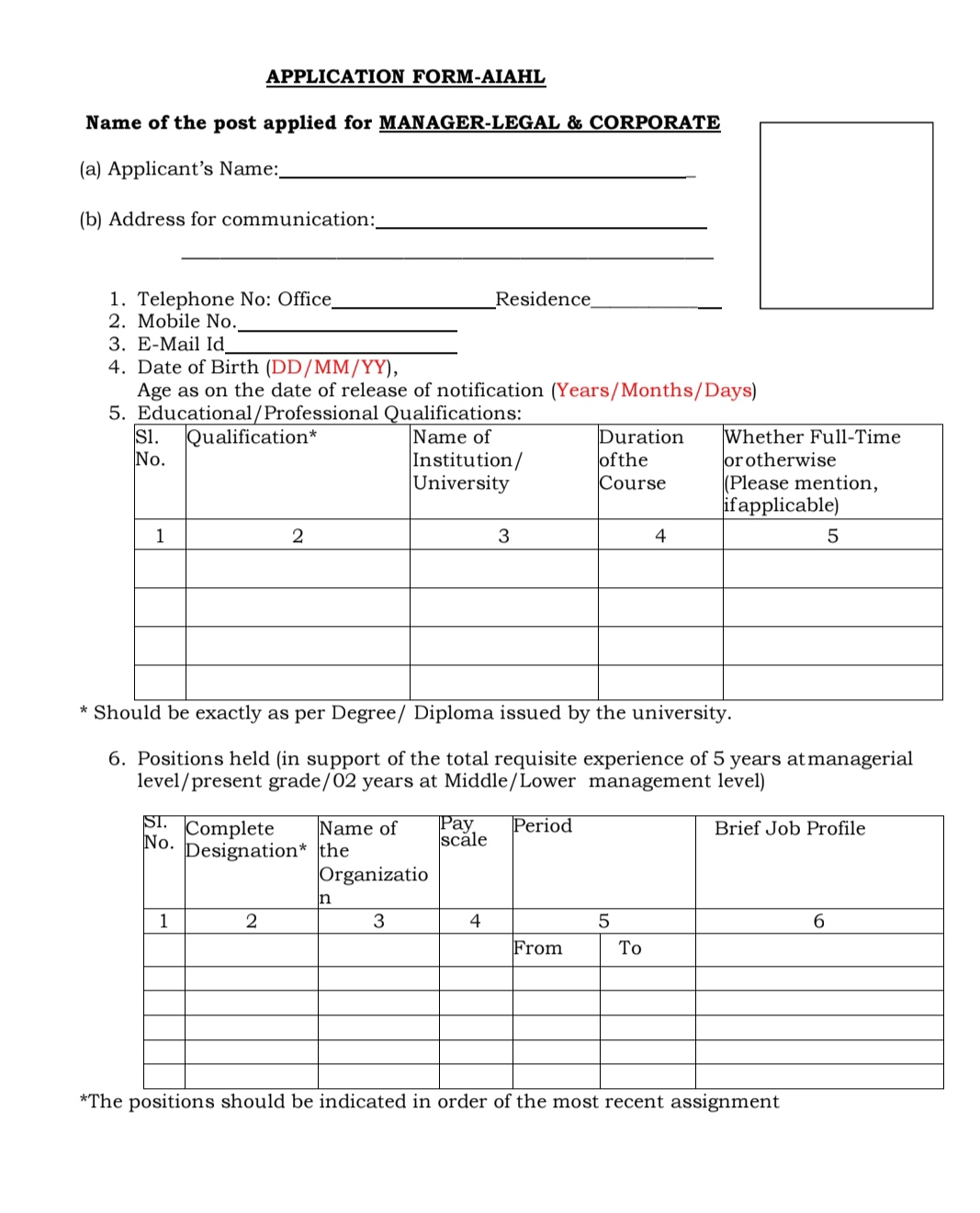 AI ASSETS HOLDING LIMITED AIAHL LEGAL AND CORPORATE MANAGER RECRUITMENT ADVT NOTIFICATION 2025
