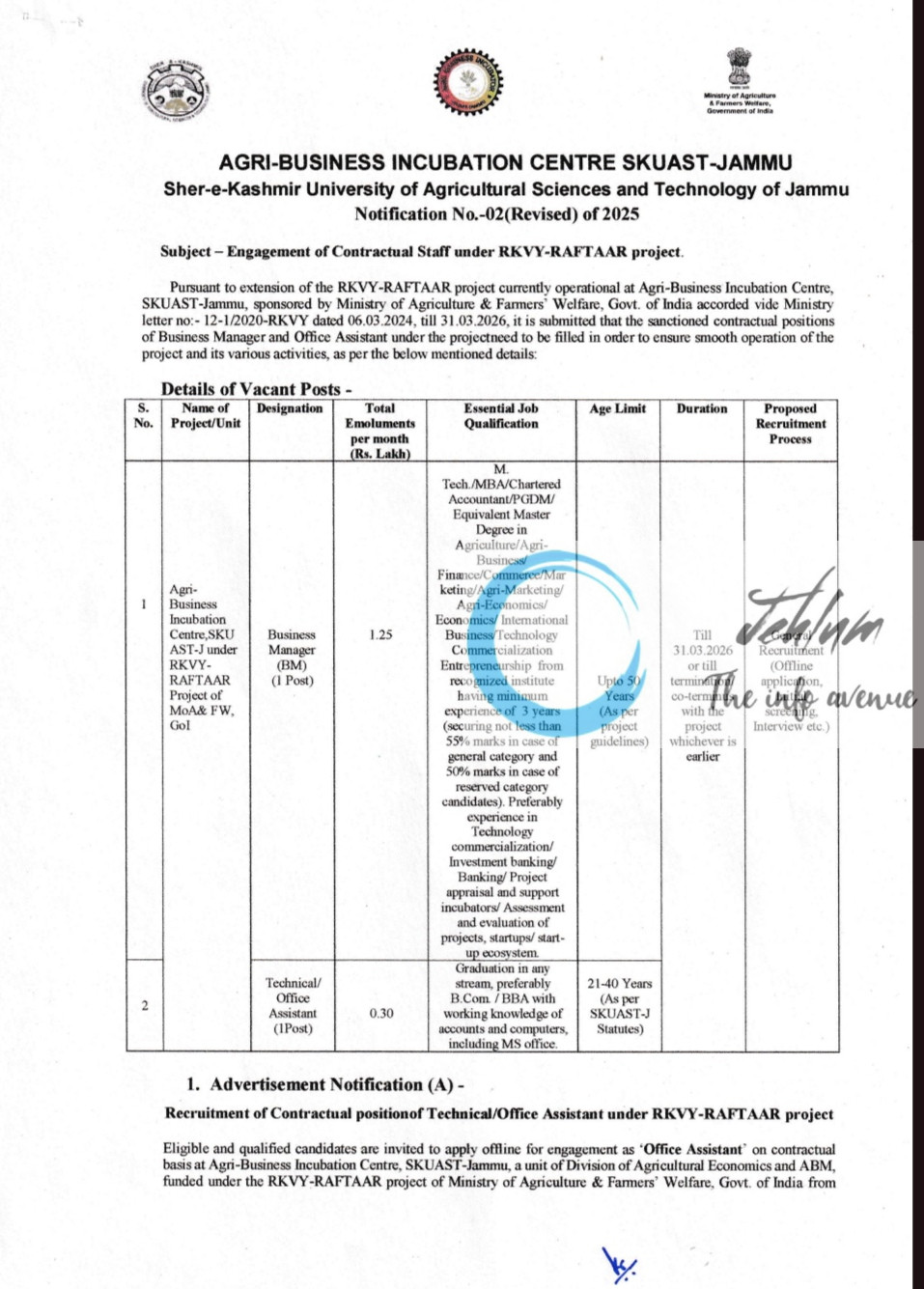 SKUAST JAMMU AGRI BUSINESS INCUBATION CENTRE CONTRACTUAL STAFF RECRUITMENT ADVT NOTIFICATION NO 02 Revised of 2025