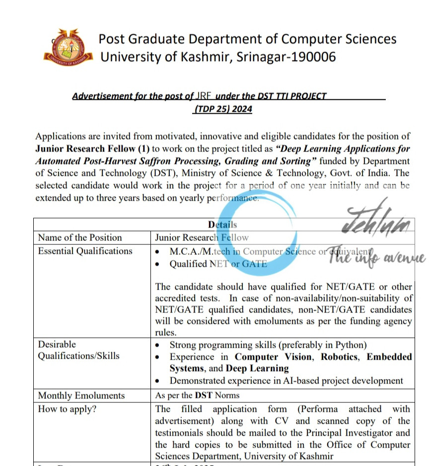 KASHMIR UNIVERSITY KU DEPARTMENT OF COMPUTER SCIENCES JRF RECRUITMENT ADVT NOTIFICATION 2025