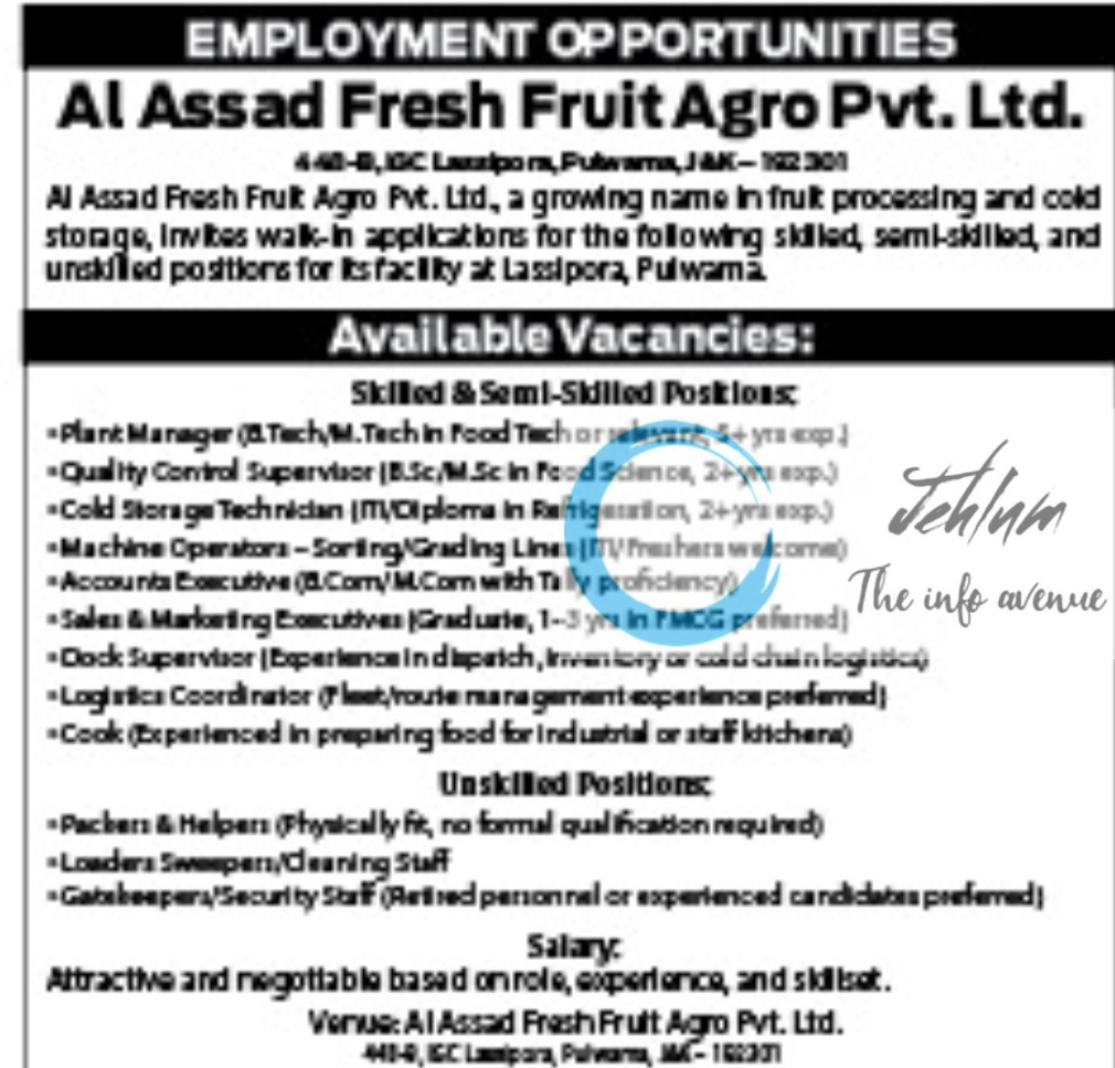 AL ASSAD FRESH FRUIT AGRO PVT LTD PULWAMA JOBS OPENING 2025