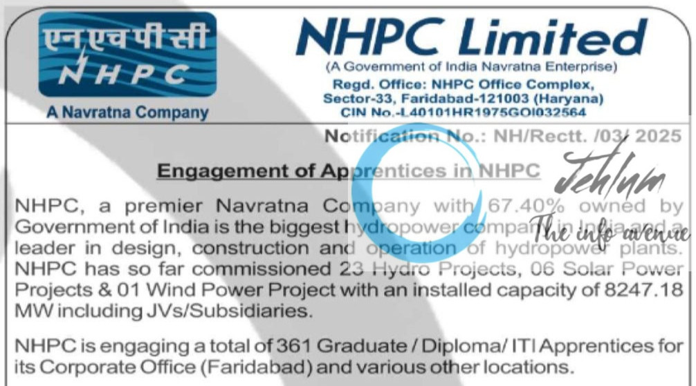 NHPC LIMITED APPRENTICES RECRUITMENT ADVT NOTIFICATION NO NH/Rectt/03/2025