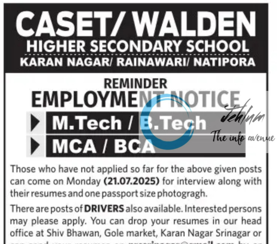 CASET/WALDEN HIGHER SECONDARY SCHOOL SRINAGAR JOBS OPENING 2025