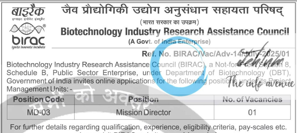 BIOTECHNOLOGY INDUSTRY RESEARCH ASSISTANCE COUNCIL MISSION DIRECTOR RECRUITMENT ADVT NOTIFICATION NO BIRAC/Vac/Adv-14/July-2025/01