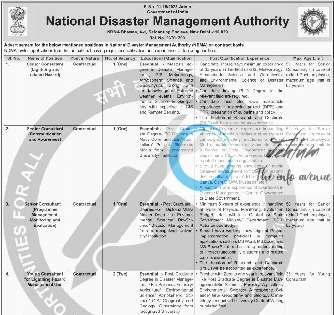 NATIONAL DISASTER MANAGEMENT AUTHORITY NDMA RECRUITMENT ADVT NOTIFICATION NO 01-15/2025-Admn