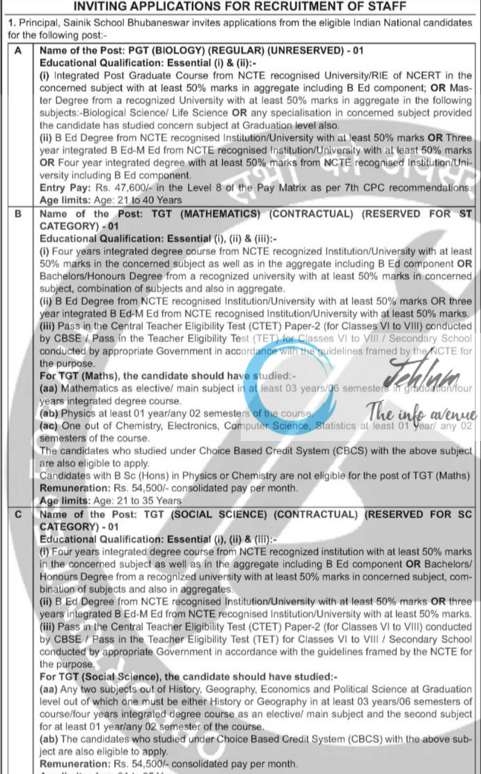 SAINIK SCHOOL ODISHA TEACHERS RECRUITMENT ADVT NOTIFICATION 2025