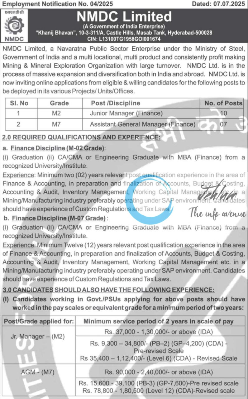NMDC LIMITED RECRUITMENT ADVT NOTIFICATION NO 04/2025
