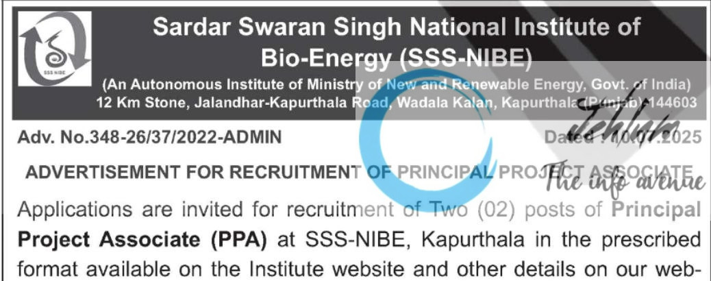 SARDAR SWARAN SINGH NATIONAL INSTITUTE OF BIOENERGY SSS-NIBE PPA RECRUITMENT ADVT NOTIFICATION NO 348-26/37/2022-ADMIN