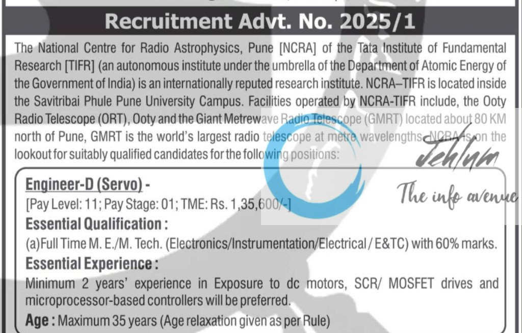 TIFR NATIONAL CENTRE FOR RADIO ASTROPHYSICS ENGINEERS RECRUITMENT ADVT NOTIFICATION NO 2025/1
