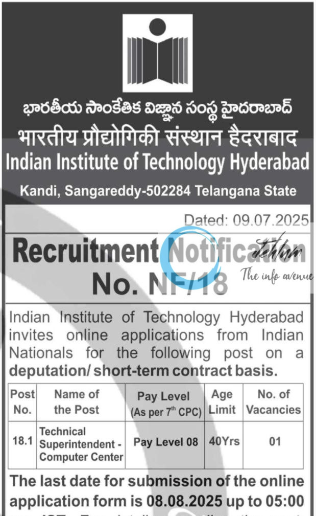 INDIAN INSTITUTE OF IIT TECHNOLOGY HYDERABAD TECHNICAL UPERINTENDENT RECRUITMENT ADVT NOTIFICATION NO NF/18